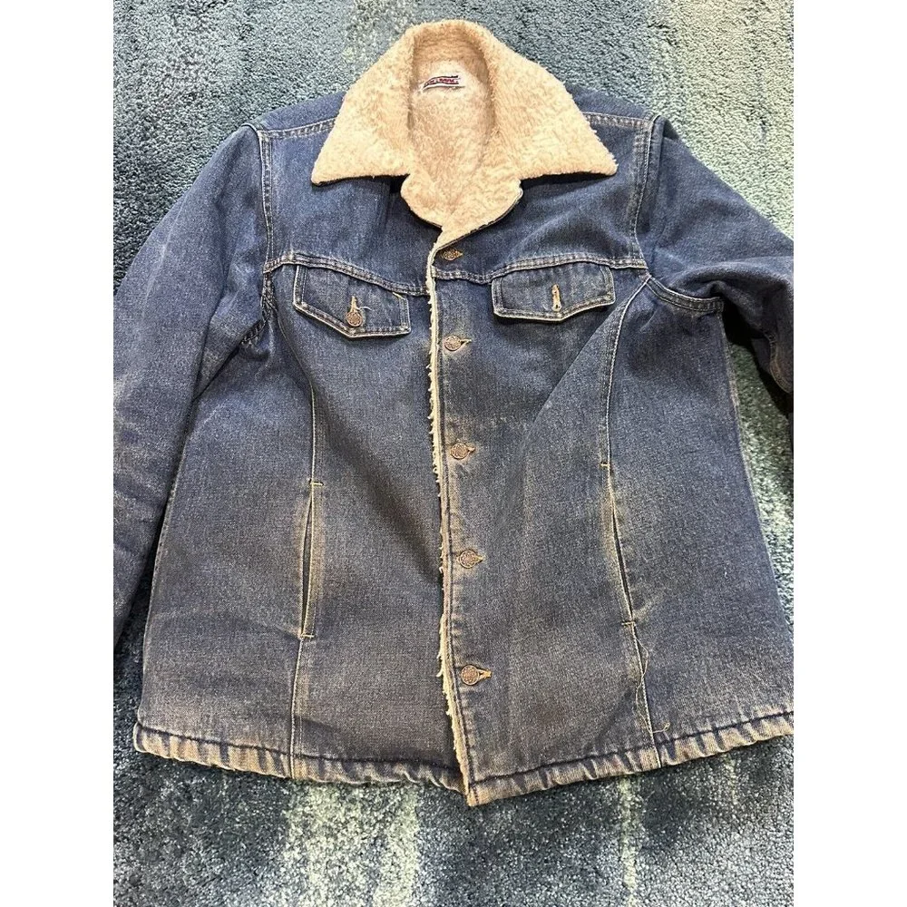 VTG Big Mac Denim Jean Jacket Sherpa Lined Collar Coat Size LG Made in USA